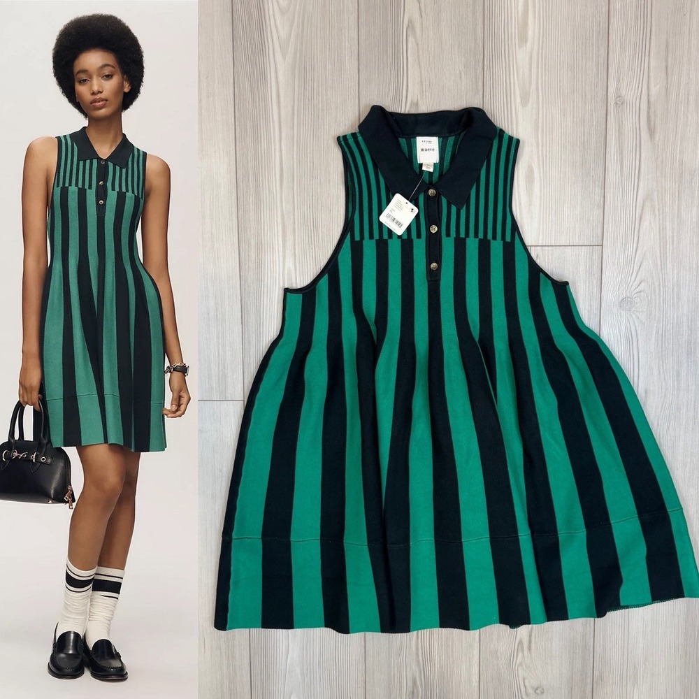 Anthropologie Green and Black Striped Sleeveless A-Line Mini Dress